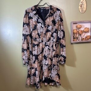 Express Black and Tan Floral Long Sleeve Dress XL women’s
